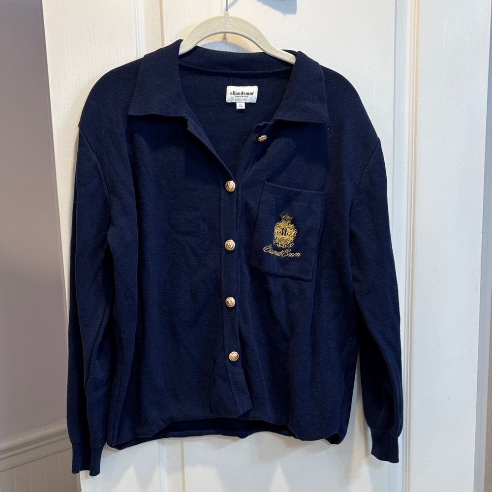 Classic Navy Blue Cardigan with Gold Accents